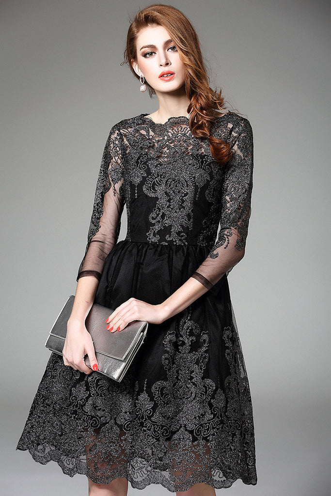 Black 3/4 Sleeve Lace Dress - Black Lace Dress - Dress Album