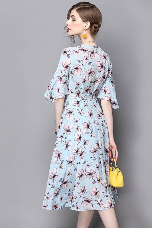 V Neck Floral Chiffon Dress - Dress Album