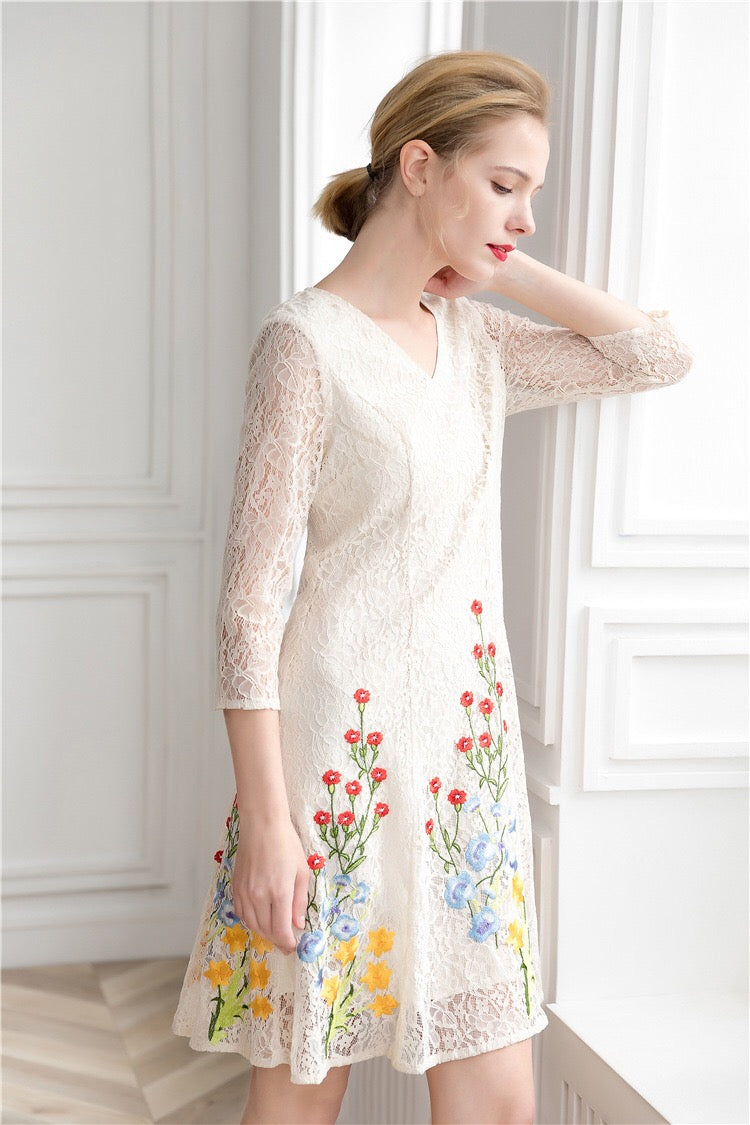 Embroidered Flower Lace Mini Dress - Dress Album